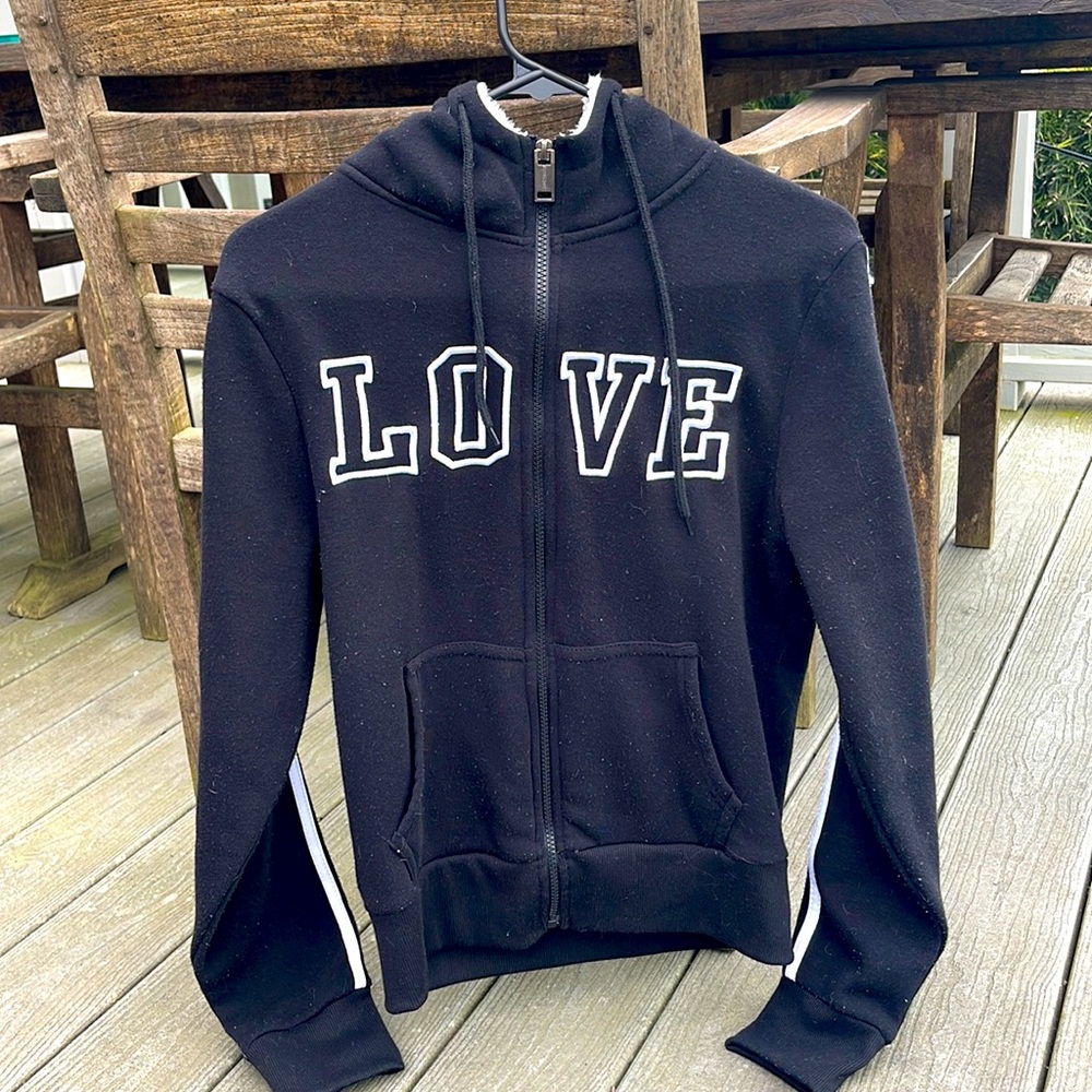 Super cute LOVE hoodie with white racing stripes